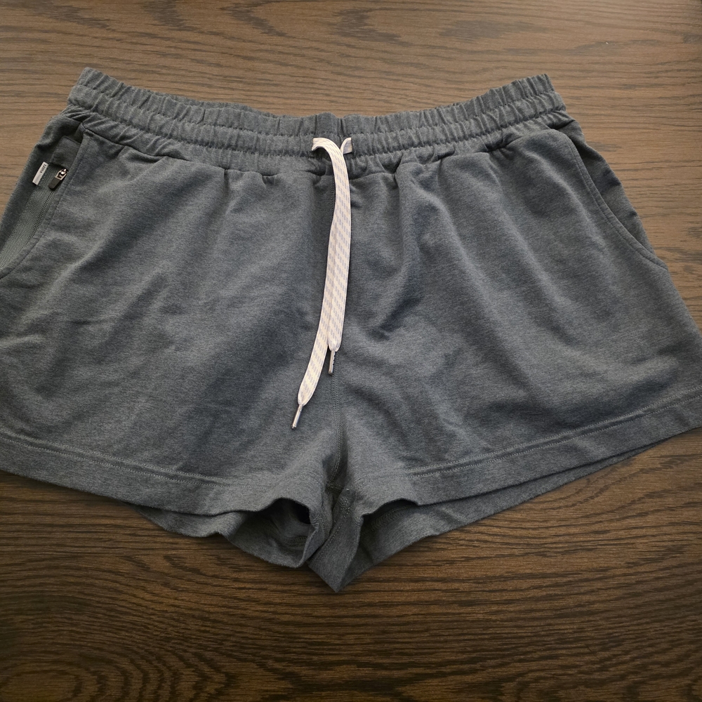 Vuori Heathered Green Athletic Shorts with White Drawstring